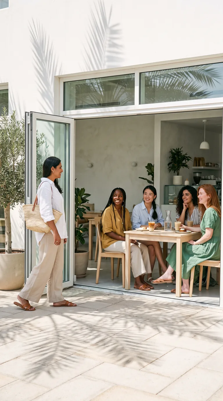 Seen from the street: a woman walking into a sunlit cafe where a table of women is already seated