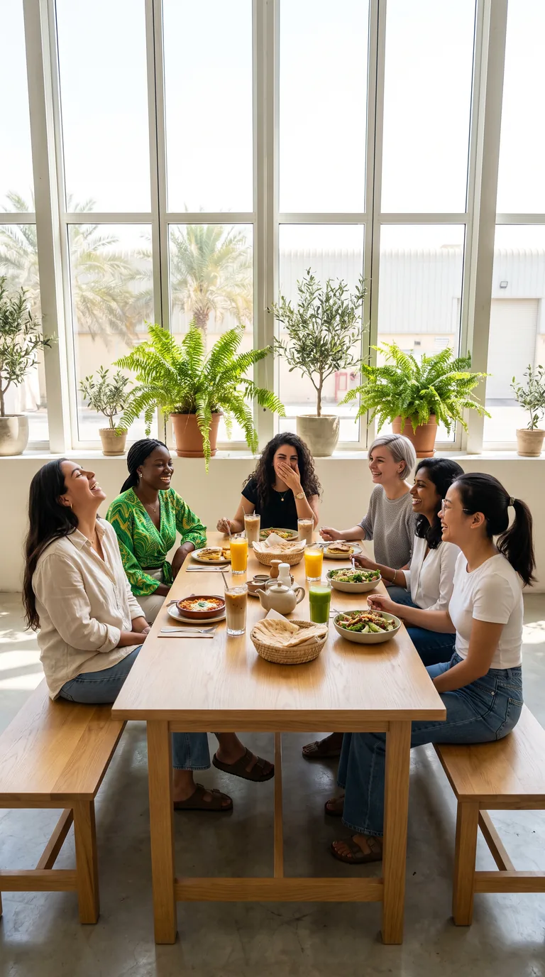 A long table by tall windows and plants, women leaning in and laughing over lunch