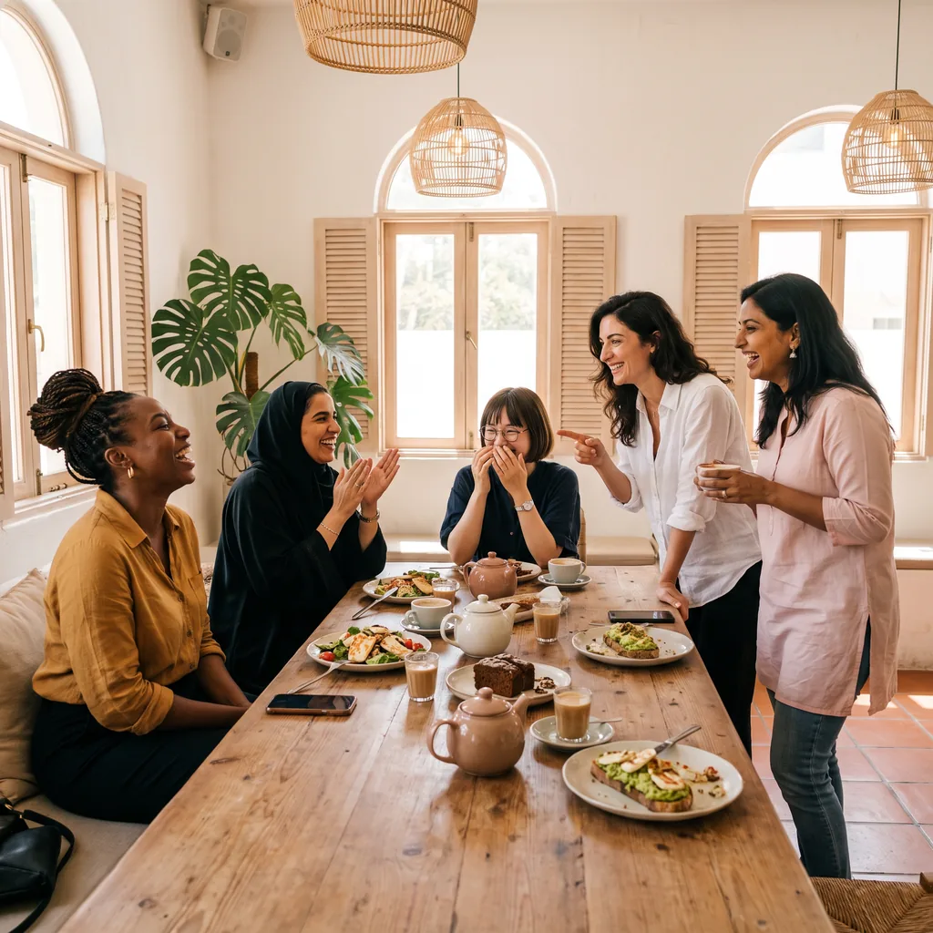 Women laughing round a table of coffee and plates in a sunlit cafe with arched windows