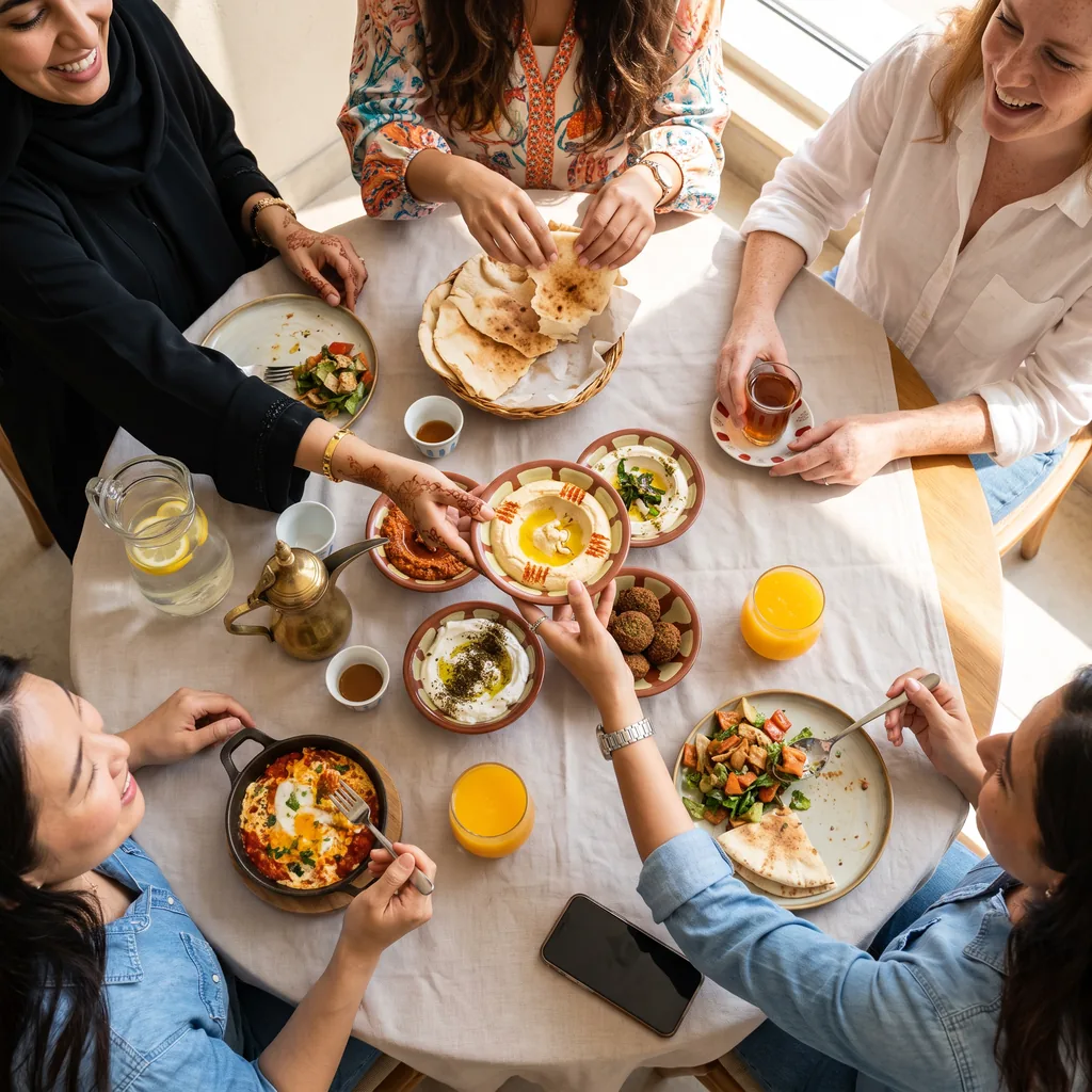 From above: women passing bowls of hummus, flatbread and small cups of coffee across a lunch table