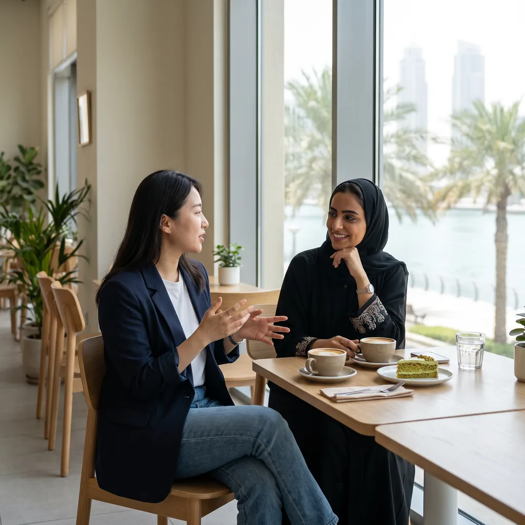 Two women deep in conversation over coffee at a window table, palm trees outside