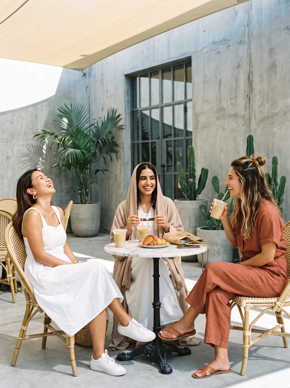 Three women laughing over iced coffee at a small table outside a cafe in the sun