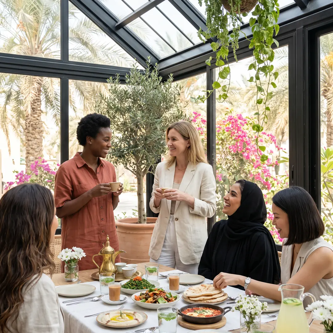 A long lunch table in a glasshouse cafe with palms outside: two women standing with coffee cups, talking and smiling, others seated at the table